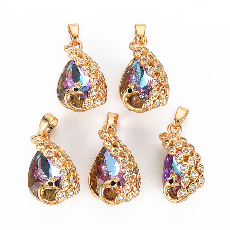 Arricraft Rack Plating Brass Micro Pave Clear Cubic Zirconia Charms, with Faceted Glass, Long-Lasting Plated, Cadmium Free & Lead Free, Peacock, Dark Orchid, 22x12.5x10mm, Hole: 3x4mm