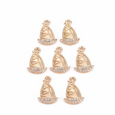 Arricraft Rack Plating Brass Micro Pave Clear Cubic Zirconia Charms, Long-Lasting Plated, Cadmium Free & Lead Free, Sailing Boat, Light Gold, 14x10x3mm, Hole: 1.2mm