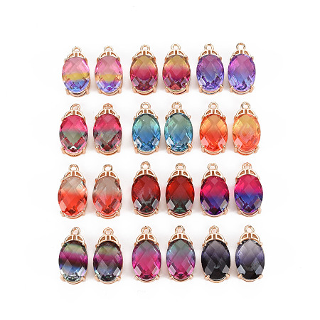 Arricraft Rack Plating Brass Micro Pave Clear Cubic Zirconia Pendants, with Faceted Glass, Long-Lasting Plated, Cadmium Free & Lead Free, Oval, Mixed Color, 20x10x7.5mm, Hole: 1.5mm