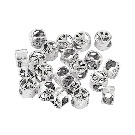 NBEADS 300pcs Antique Silver Peace Sign Tibetan Style European Beads, Large Hole Charms Flat Round Beads fit Bracelet Jewelry Making