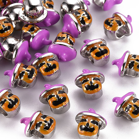 ARRICRAFT Alloy Enamel European Beads, Large Hole Beads, Cadmium Free & Lead Free, Platinum, Pumpkin Jack-O'-Lantern, Orange, 12x11x8mm, Hole: 4mm