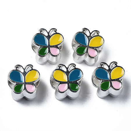 ARRICRAFT Alloy Enamel European Beads, Large Hole Beads, Cadmium Free & Lead Free, Platinum, Butterfly, Colorful, 10x9.5x7mm, Hole: 4.5mm
