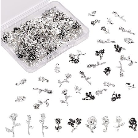 OLYCRAFT 135pcs Flower Theme Resin Fillers Charms Rose Plum Blossom Alloy Cabochons Alloy Epoxy Resin Supplies Nail Art Decorations for Resin Jewelry Making - Antique Silver & Silver