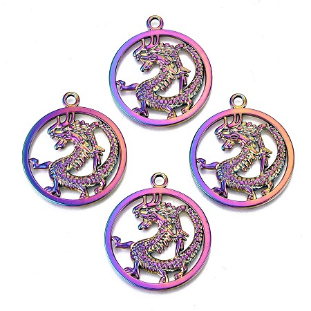 Honeyhandy Alloy Pendants, Cadmium Free & Lead Free, Ring with Chinese Dragon, Rainbow Color, 37x32x2mm, Hole: 3mm