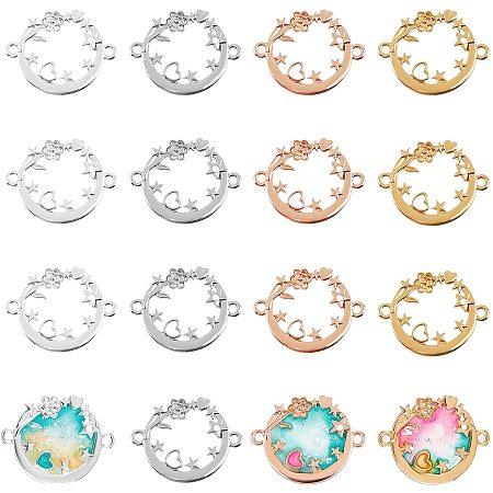 OLYCRAFT 24pcs Open Back Bezel Pendants Flat Round Open Bezel Charms with Heart Star Alloy Frame Pendants Hollow Resin Frames with Loop for Resin Jewelry Making - 4 Colors