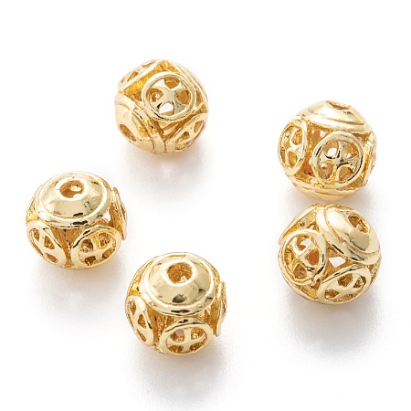 Honeyhandy Alloy Hollow Beads, Round with Cross, Cadmium Free & Lead Free, Real 18K Gold Plated, 8x7~8mm, Hole: 1.5~2mm