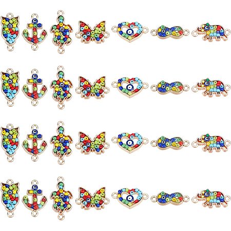 PandaHall Elite 28pcs Colorful Enamel Rhinestone Link, 7 Styles Alloy Enamel Seed Beads Charms Heart Infinity Symbol Evil Eye Owl Tortoise Anchor Charms Links for Jewelry Making Hair Accessory, 0.4~1