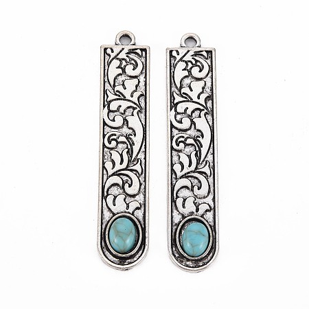 Honeyhandy Tibetan Style Alloy Big Pendants, with Synthetic Turquoise, Cadmium Free & Lead Free, Rectangle, Antique Silver, 57.5x11.5x4.5mm, Hole: 2.3mm