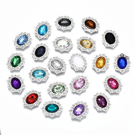 ARRICRAFT Alloy Acrylic Rhinestone Cabochons, with Rhinestone, Faceted, Oval, Cadmium Free & Lead Free, Mixed Color, Silver, 24x20x4.5mm