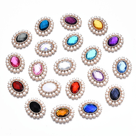 ARRICRAFT Alloy Acrylic Rhinestone Cabochons, with ABS Plastic Imitation Pearl, Faceted, Oval, Cadmium Free & Lead Free, Light Gold, Mixed Color, 32x26.5x6.5~7.5mm