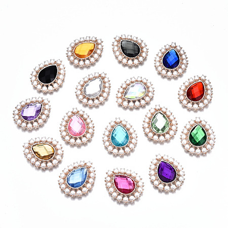 ARRICRAFT Alloy Acrylic Rhinestone Cabochons, with ABS Plastic Imitation Pearl, Faceted, Teardrop, Cadmium Free & Lead Free, Light Gold, Mixed Color, 32x27x7.5mm
