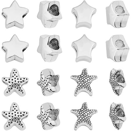 SUPERFINDINGS About 160pcs Antique Silver Star and Starfish Shape Tibetan Style Alloy European Beads Large Hole Beads for Jewelry Making Supplies, Hole: 5mm