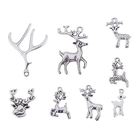 PandaHall Elite 40pcs 8 Styles Tibetan Alloy Christmas Reindeer Stag Pendants Charms Animal Deer Antler Beads Charms for Christmas Day DIY Necklace Bracelet Making(Antique Silver)
