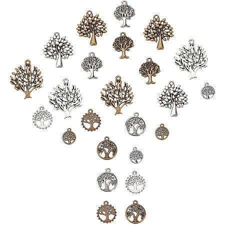 SUNNYCLUE 1 Box 48Pcs 6 Styles Tree of Life Charms Pendants Tibetan Style Flat Round Hollow Alloy Pendants for DIY Jewelry Bracelets Making Crafts Supplies, Antique Silver Bronze