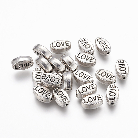 Mens Valentines Day Gift Idea Tibetan Style Alloy Beads, Oval with Word Love, Lead Free, Antique Silver, 10x6x4mm, Hole: 1mm