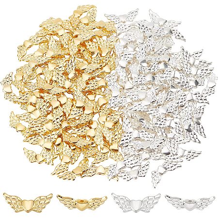 arricraft 200 Pcs Wing Charm Beads, 2 Color Angel Charm Pendants Angel Fairy Spacer Beads for Jewelry Making DIY Crafting Accessories (Golden & Silver)
