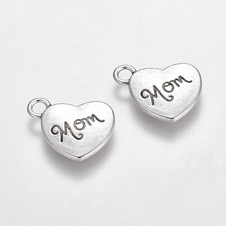 Honeyhandy Mother's Day Theme, Tibetan Style Heart Alloy Pendants, with Word Mom, Cadmium Free & Lead Free, Antique Silver, 18x15x3mm, Hole: 3mm, about 208pcs/500g