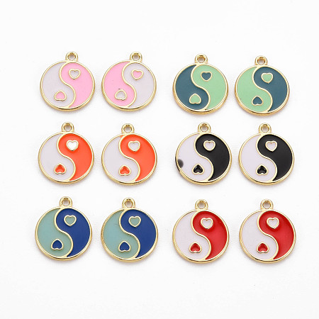 Rack Plating Alloy Enamel Charms, Cadmium Free & Lead Free, Light Gold, Flat Round with Yin Yang, Mixed Color, 13.5x11.5x1mm, Hole: 1.2mm
