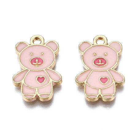 Honeyhandy Alloy Pendants, with Enamel, Cadmium Free & Lead Free, Light Gold, Bear with Heart, Pink, 19.5x13x1.5mm, Hole: 2mm