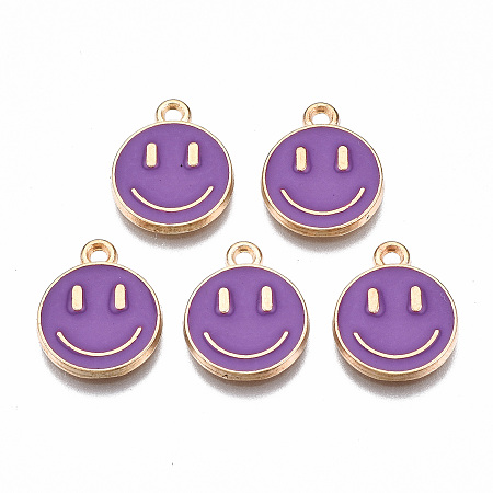 Honeyhandy Alloy Enamel Charms, Cadmium Free & Lead Free, Smiling Face, Light Gold, Dark Orchid, 14.5x12x1.5mm, Hole: 1.5mm