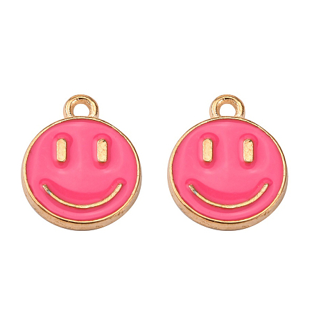 Honeyhandy Alloy Enamel Charms, Cadmium Free & Lead Free, Smiling Face, Light Gold, Hot Pink, 14.5x12x1.5mm, Hole: 1.5mm