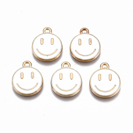 Honeyhandy Alloy Enamel Charms, Cadmium Free & Lead Free, Smiling Face, Light Gold, White, 14.5x12x1.5mm, Hole: 1.5mm