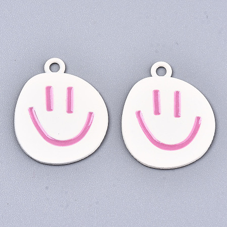 Honeyhandy Spray Painted Alloy Pendants,  Cadmium Free & Lead Free, with Enamel, Smiling Face, White, 24x19.5x1mm, Hole: 2mm