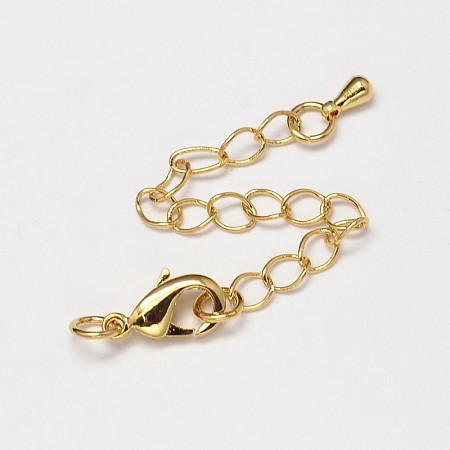 Honeyhandy Rack Plating and Vacuum Plating Brass Chain Extender, Soldered, with Lobster Claw Clasps, Cadmium Free & Lead Free, Golden, 50~70mm, Clasps: 12x7mm, Hole: 3mm