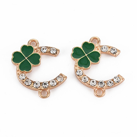 ARRICRAFT Alloy Links Connectors, with Enamel and Crystal Rhinestone, Light Gold, C Shape with Clover, Dark Green, 20x16x2.5mm, Hole: 1.6mm