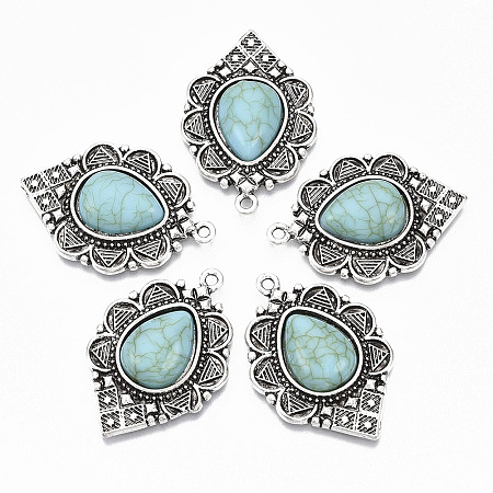 Nbeads  Tibetan Style Alloy Pendants, with Synthetic Turquoise, Cadmium Free & Lead Free, Teardrop, Antique Silver, 36.5x25x6mm, Hole: 1.8mm