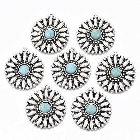 Honeyhandy Tibetan Style Alloy Pendants, with Synthetic Turquoise, Cadmium Free & Lead Free, Flower, Antique Silver, 34x30x6mm, Hole: 1.8mm