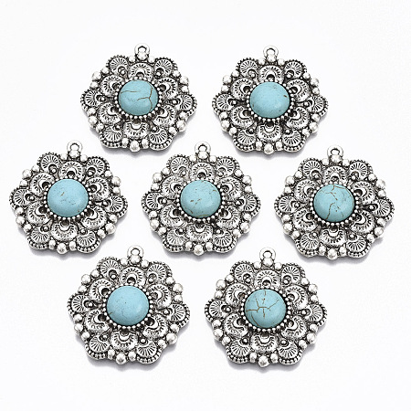 Arricraft Tibetan Style Alloy Pendants, with Synthetic Turquoise, Cadmium Free & Lead Free,  Hexagon Flower, Antique Silver, 34.5x32.5x7mm, Hole: 1.6mm