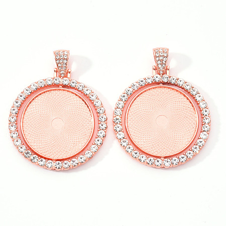 Honeyhandy Alloy Pendant Cabochon Settings, with Crystal Rhinestone, Cadmium Free & Lead Free, Double-sided Tray, Flat Round, Rose Gold, Tray: 30mm, 44.5x43x3mm, Hole: 9.5x5mm
