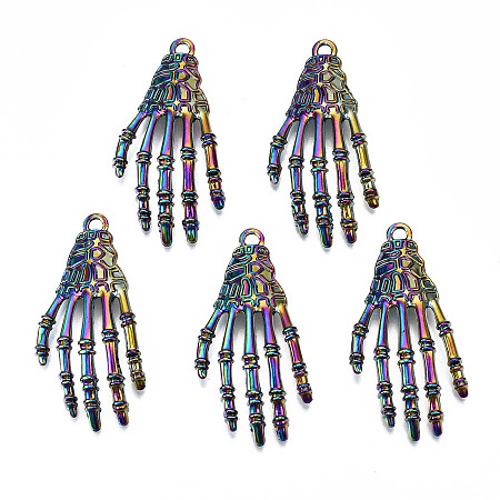 Honeyhandy Rainbow Color Alloy Pendants, Cadmium Free & Lead Free, Skeleton Hand, 42x20x7.5mm, Hole: 2.5mm