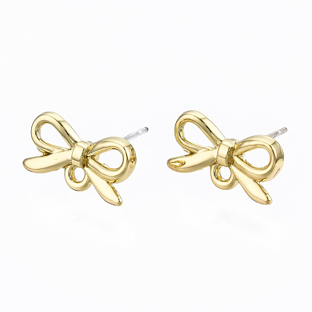Honeyhandy Alloy Stud Earring Findings, with Loop and Steel Pin, Bowknot, Cadmium Free & Lead Free, Light Gold, 8x14mm, Hole: 1.4mm, Pin: 0.7mm