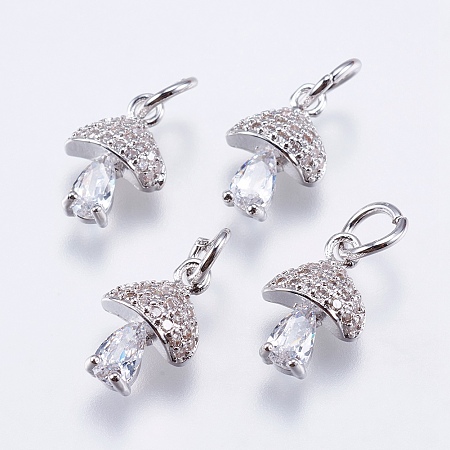 Honeyhandy Brass Micro Pave Cubic Zirconia Charms, Cadmium Free & Lead Free, Mushroom, Real Platinum Plated, 11x7.5x4mm, Hole: 3mm