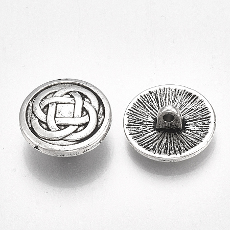 Honeyhandy Tibetan Style Alloy Shank Buttons, Cadmium Free & Lead Free, Flat Round with Knot, Antique Silver, 17x7mm, Hole: 1.8mm