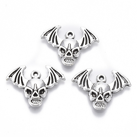 Honeyhandy Tibetan Style Alloy Pendants, Lead Free & Cadmium Free, for Halloween, Skull with Bat Wings, Antique Silver, 17.5x23.5x3.5mm, Hole: 1mm