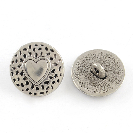 Honeyhandy Tibetan Style Alloy Shank Buttons, Cadmium Free & Lead Free, Flat Round with Heart, Antique Silver, 18x7mm, Hole: 2mm