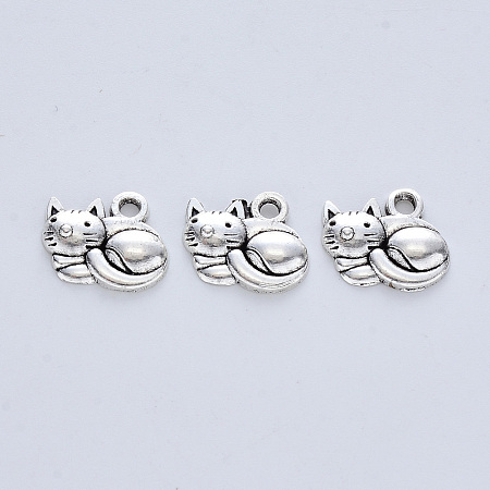 Honeyhandy Tibetan Style Alloy Kitten Pendants, Cadmium Free & Lead Free, Cat with Roll Over Shape, Antique Silver, 13x14x3mm, Hole: 2mm