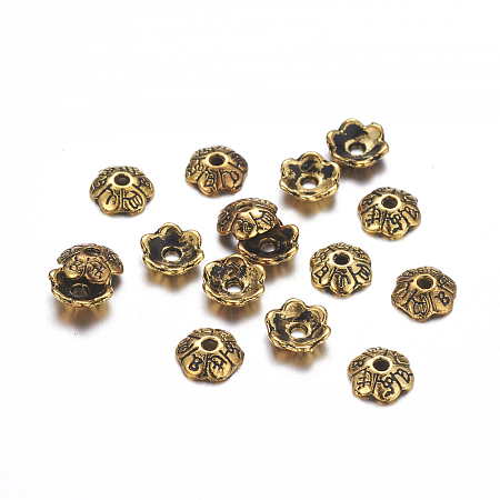 Honeyhandy 6-Petal Tibetan Style Alloy Flower Bead Caps, Cadmium Free & Lead Free, Antique Golden, 6x2mm, Hole: 1mm