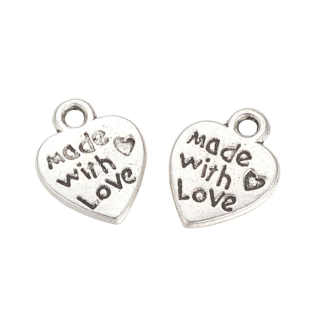 Honeyhandy Tibetan Style Alloy Pendants, Heart with Word Made with love, For Valentine's Day, Cadmium Free & Lead Free, Antique Silver, 12.5x10x2mm, Hole: 2mm