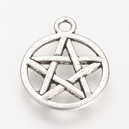 Honeyhandy Tibetan Style Alloy Pendants, Wicca Pendants, Flat Round with Star, Cadmium Free & Lead Free, Antique Silver, 20x16.5x2mm, Hole: 2mm