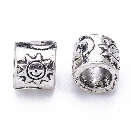 Honeyhandy Tibetan Style Alloy European Beads, Large Hole Beads, Cadmium Free & Lead Free, Column with Sun, Antique Silver, 9x8mm, Hole: 5.5mm