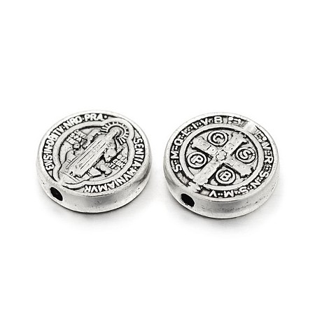 Honeyhandy Tibetan Style Alloy Flat Round Beads, with Jesus and Latin Cross, For Easter, Lead Free & Cadmium Free, Antique Silver, 10x2.5mm, Hole: 1mm
