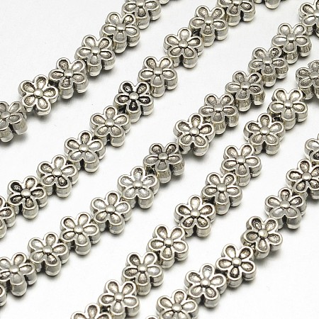 Honeyhandy Tibetan Style Flower Alloy Bead Strands, Lead Free & Cadmium Free, Antique Silver, 7x3.5mm, Hole: 1mm, about 30pcs/strand, 8 inch