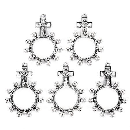 Honeyhandy Tibetan Style Alloy Pendants, For Easter, Crucifix Cross with Ring, Cadmium Free & Lead Free, Antique Silver, 46x32x4mm, Hole: 2mm