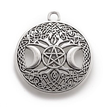 Honeyhandy Tibetan Style Hollow Alloy Pendants, Lead Free & Cadmium Free, Flat Round withTriple Moon Goddess, Pagan Jewelry, Antique Silver, 39x34x2.5mm, Hole: 3mm