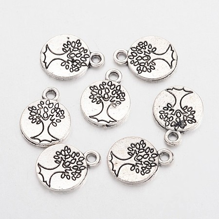 Honeyhandy Tibetan Style Alloy Flat Round with Tree Charms, Cadmium Free & Lead Free, Antique Silver, 14.8x11.5x1.5mm, Hole: 2mm