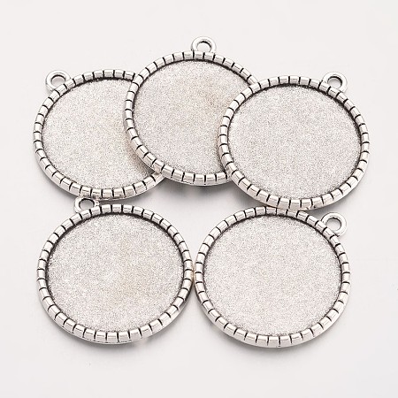 Honeyhandy Tibetan Style Flat Round Alloy Pendant Cabochon Settings, Cadmium Free & Lead Free, Antique Silver, Tray: 25mm, 32x28.5x2.5mm, Hole: 3mm